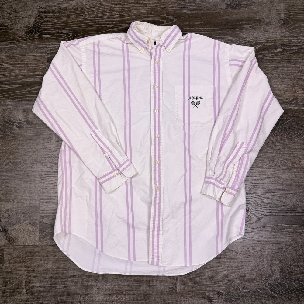 VTG Polo Ralph Lauren Button Down Shirt Mens XL White Pink Striped Tennis Read!